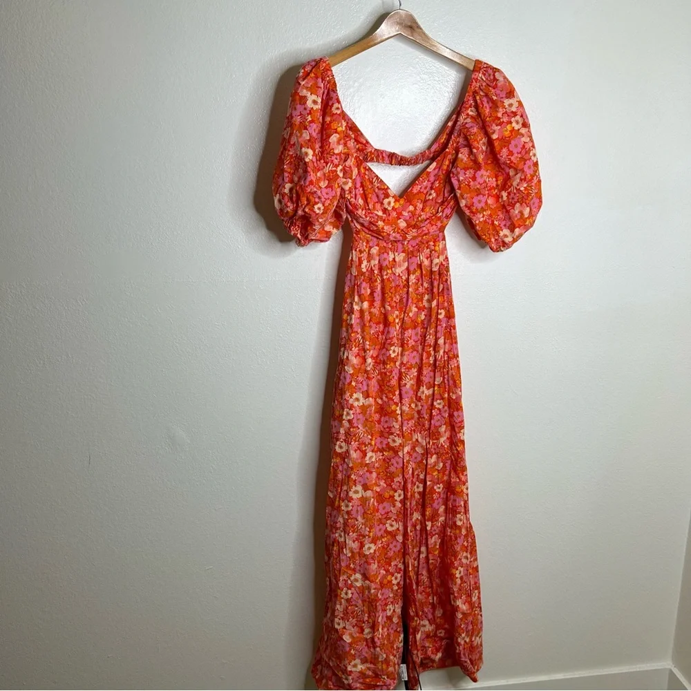 Free People 100% Cotton Bright Pink Puff Sleeve Wide Leg Jumpsuit Size Small